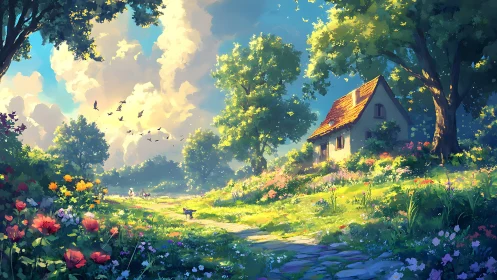 Sunlit cottage garden framed by luminous summer clouds.