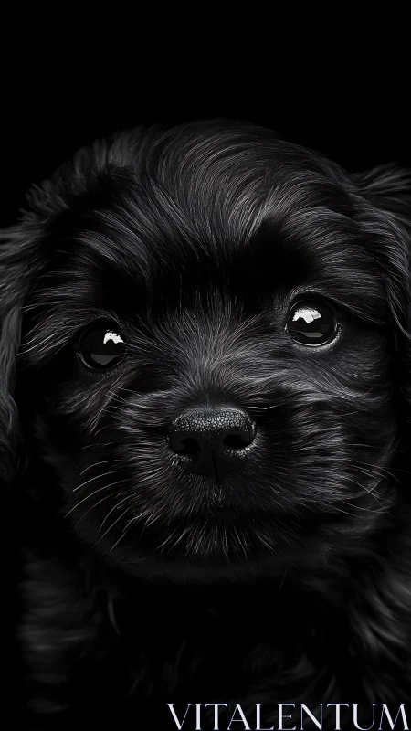 Soft black puppy gazes gently from the darkness with curiosity