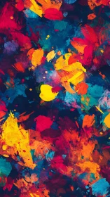 Vivid abstract paint splashes on deep blue canvas background.