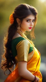 Portrait of woman in yellow sari with traditional jewelry.