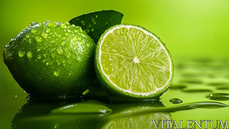 Macro lime close-up with water droplets on reflective surface.