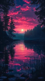 Neon sunset reflects across tranquil forest lake surface
