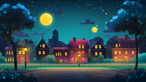 Moonlit neighborhood glows softly under a cozy starry sky