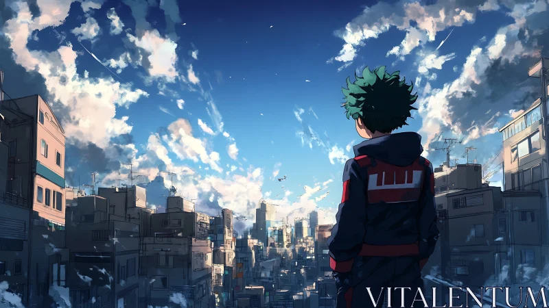 Solitary anime figure overlooking sunlit urban skyline at dusk