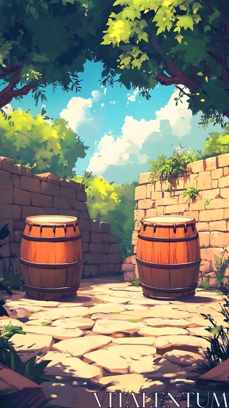 Digital painting of stone courtyard with sunlit barrels.