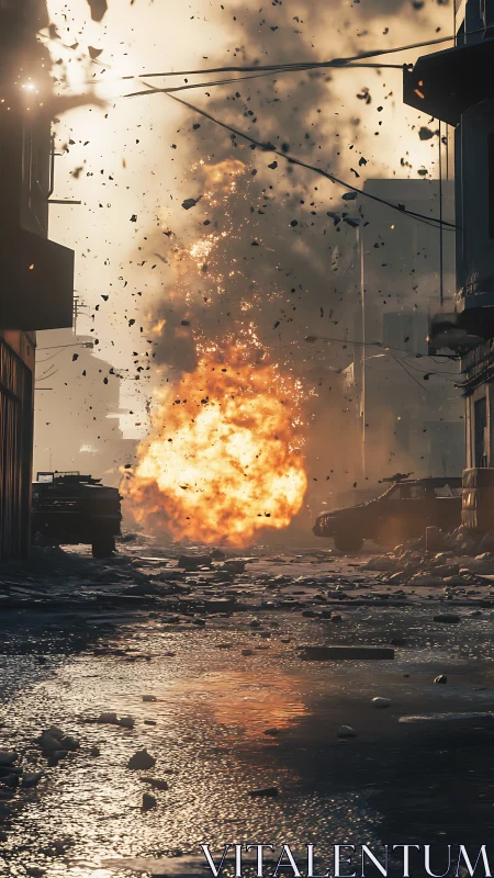 Fireball blooms through a shattered street of metal and dust