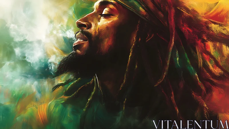Reggae dreamer inhaling light in swirling paintstorm calm.