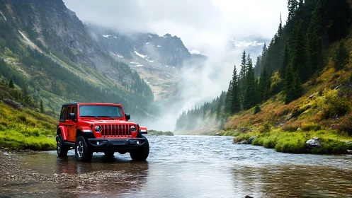 Red off road SUV beside misty alpine river valley.