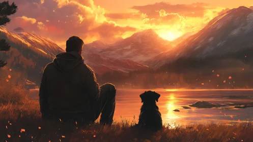 Golden lake sunset with quiet man and loyal dog companion.