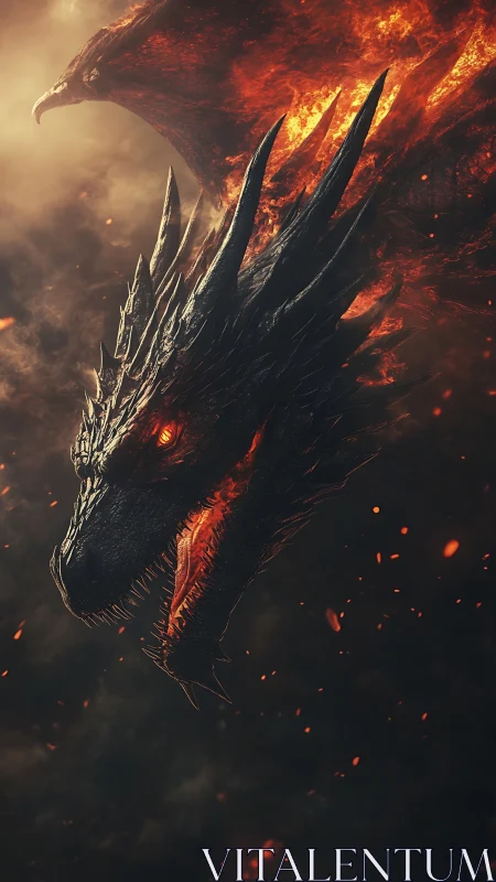 Inferno-crowned dragon king emerging from ember-choked dusk.