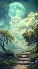 Moonlit stone path ascending through luminous cloudscape.