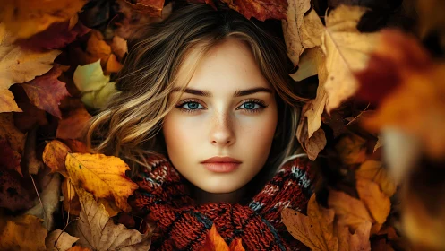 Portrait of serene young woman framed by golden autumn leaves