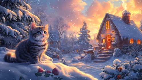 Tabby kitten in luminous winter snow beside cottage glow.