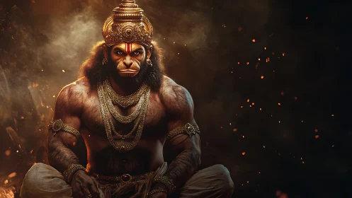 Divine warrior monkey god in burning embers portrait.