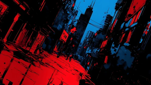 Neon red urban corridor under stark cyan night sky.