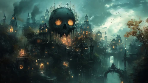 Dark fantasy city under looming skull-shaped cloudscape.