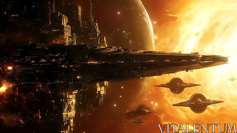 Colossal starship fleet crossing blazing stellar horizon.