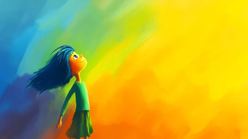 Joyful child gazes into radiant abstract color field.