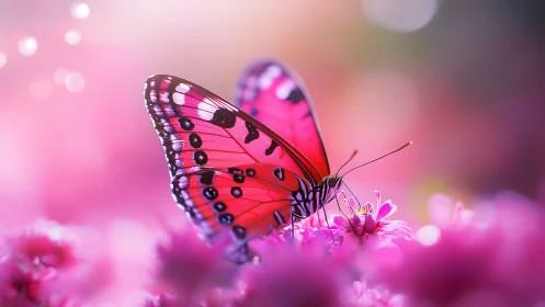 Graceful pink butterfly pauses softly among dreamy blooms