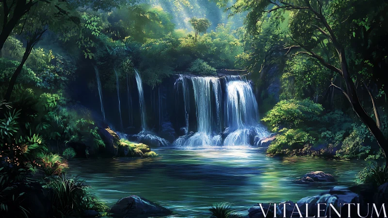 Hidden Waterfall in Emerald Forest with Mystical Light