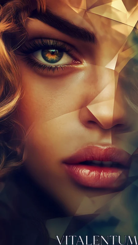 Faceted digital portrait with golden eye and soft lips.