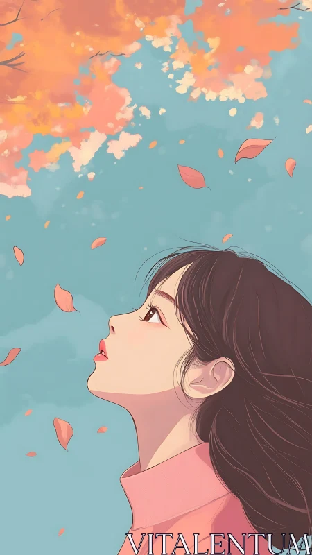 Girl in profile watches drifting autumn leaves, pastel sky.