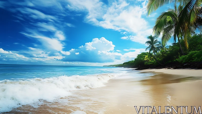 Sunlit tropical shoreline captures serene waves and sky