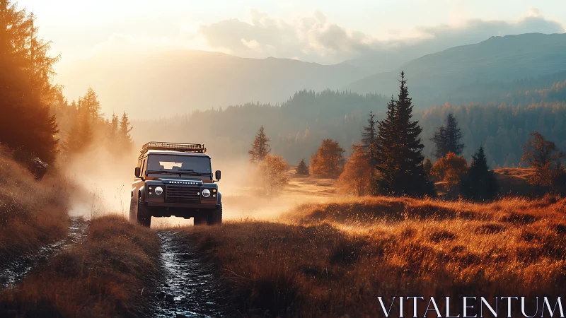 Dusty trail rover rolls through molten sunrise valley glow