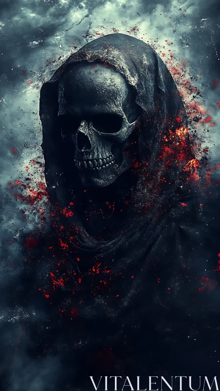 Digital painting of hooded skeletal wraith in eruptive embers.