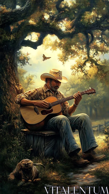 Old guitarist rests under oak tree and plays rustic melody