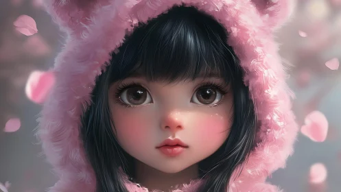 Blossom-eyed girl in plush pink hood and falling petals.