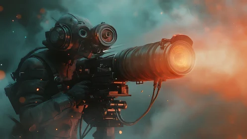 Armored gunner wielding blazing energy cannon in smoke.