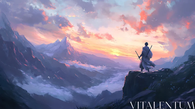 Solitary figure with sword observing distant mountain range.