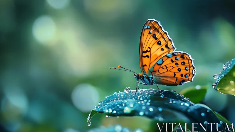 Macro analysis of dew‑covered leaf supporting vivid orange butterfly