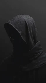 Hooded figure in deep shadow against dark background.