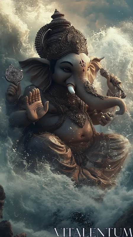 Digital deity rendering of ornate Ganesha amid dynamic waves