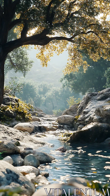 Mountain Stream Flowing Through Rocky Landscape With Tree Canopy.