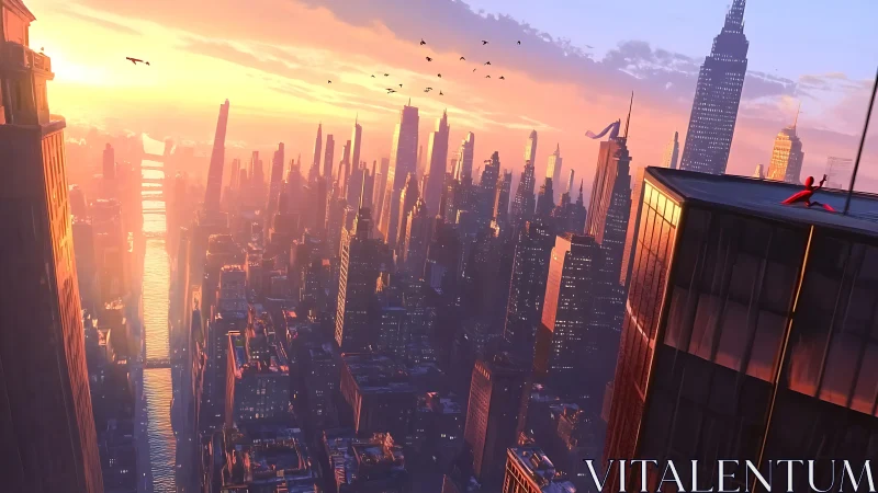 Sunset-lit stylized Manhattan skyline with superhero rooftop lookout