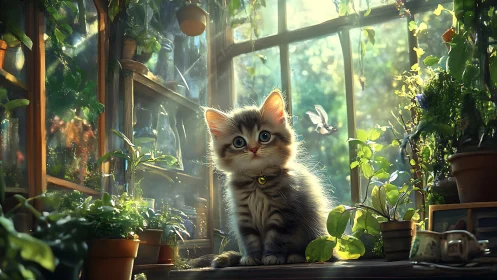 Kitten Amid Verdant Windowsill Garden Under Golden Afternoon Light
