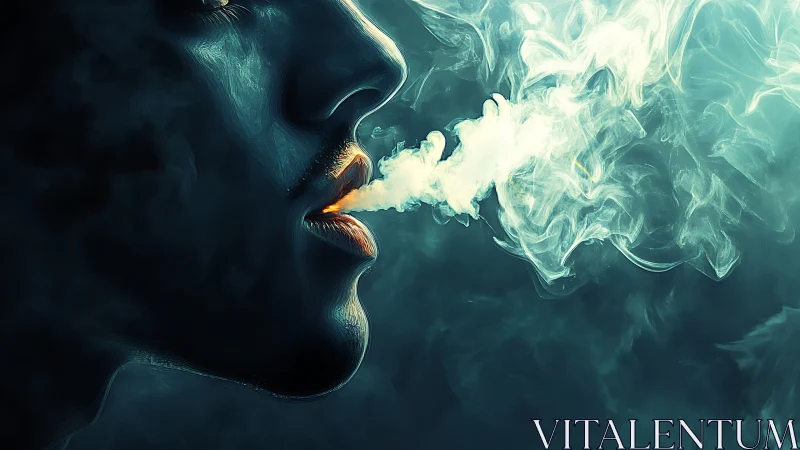 Side-profile silhouette exhaling illuminated vapor plume