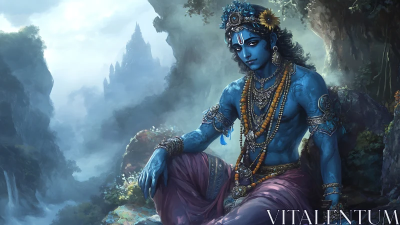 Blue-skinned deity rests amid misty mountains and lush cliffs