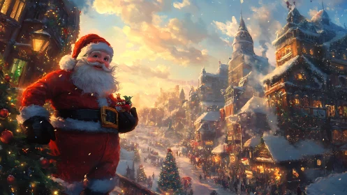 Cheerful Santa strolls through a glowing snowy Christmas town
