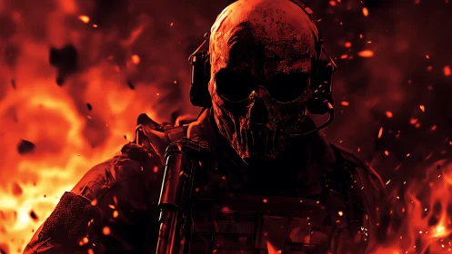 Tactical skull-masked operator in incendiary battlefield inferno