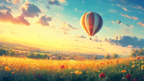 Striped hot air balloon drifts above glowing flower meadow