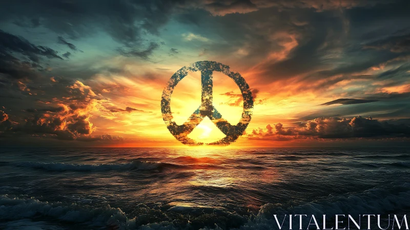 Peace symbol dissolving in vivid cinematic ocean sunset.