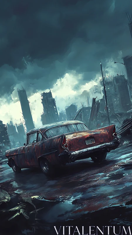 Weathered classic sedan in post-collapse urban wasteland scene.