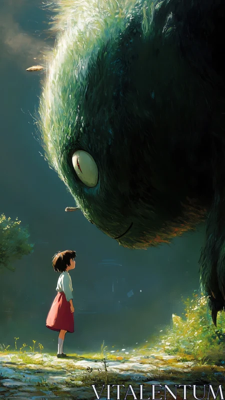 Child in forest clearing confronting giant moss creature.
