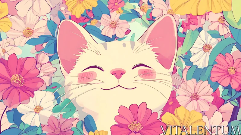 Smiling white cat nestles into vivid pastel garden blooms.