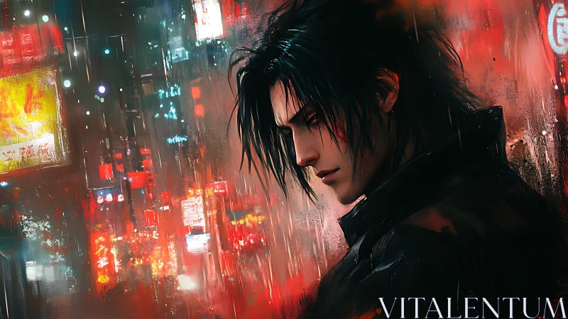 Brooding loner stalks neon rain in cyberpunk city night.