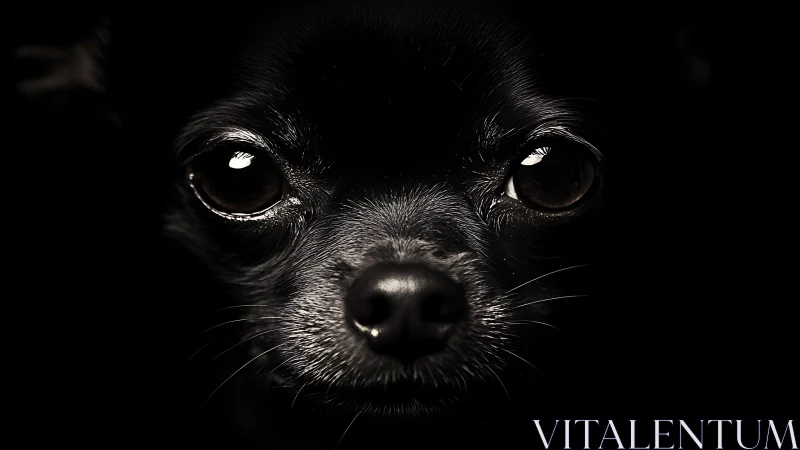 Close-up low key portrait of small black dog in dark.